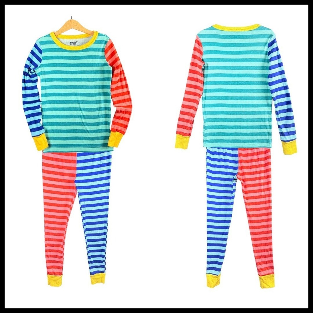 Lands End Colorblock Stripe Snug Fit 100% Cotton Multi-Color Pajama Set Kids 12